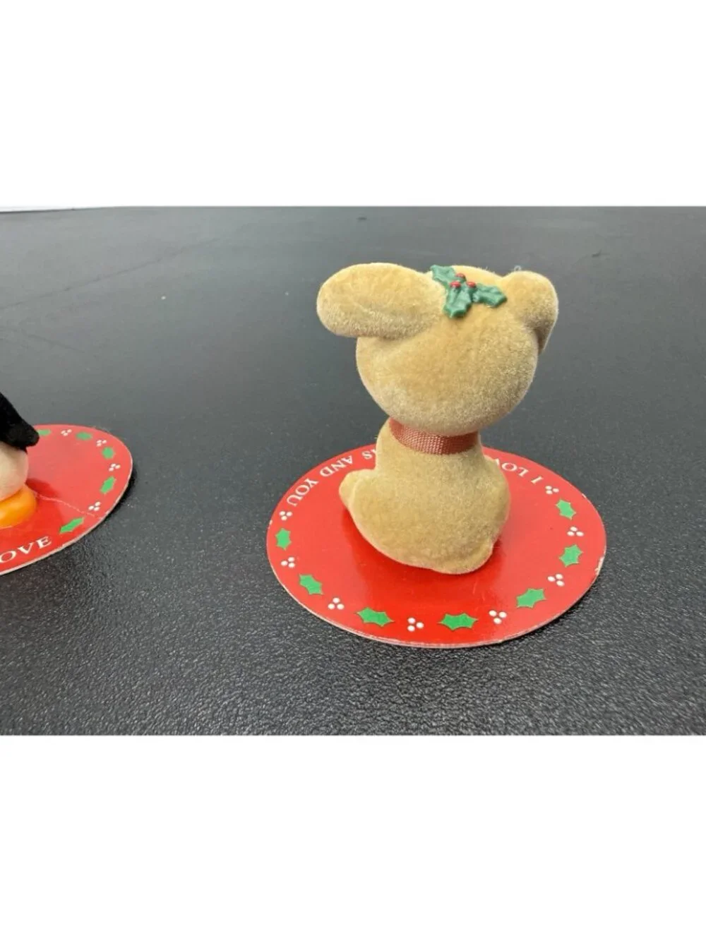 3 Vintage Russ & Berrie Co. Mini Christmas Flocked Figures Dog Penguin Cat